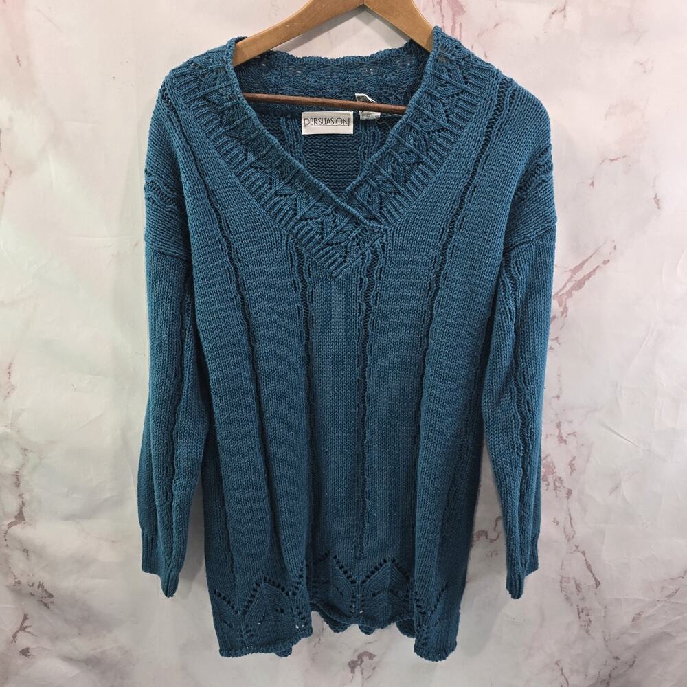 Vintage 90s Sweater Womens Large Blue Teal V Granny Crochet V Ramie Turquoise